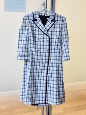 White Black Plaid Office Dress - 3/4 Sleeve/Lined - Prich